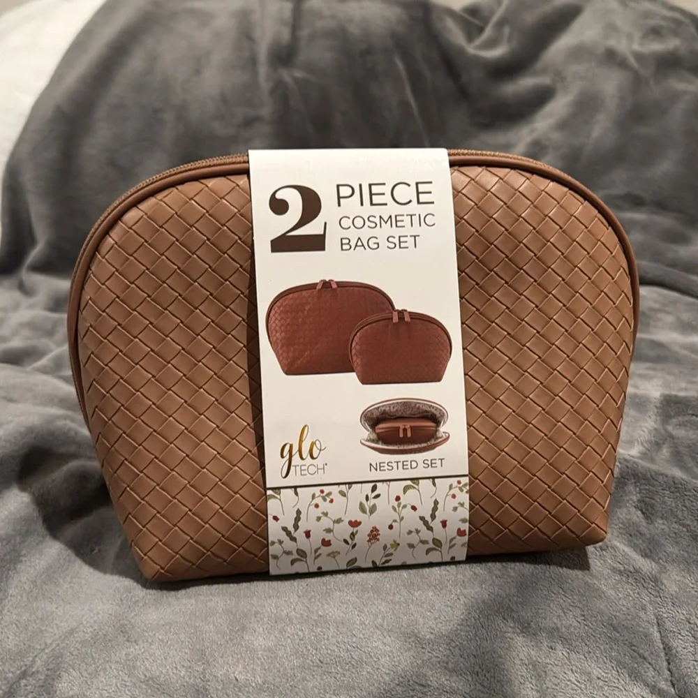 NWT GloTech 2-pack Faux Leather Cosmetic Bags with Rechargeable Compact Mirror